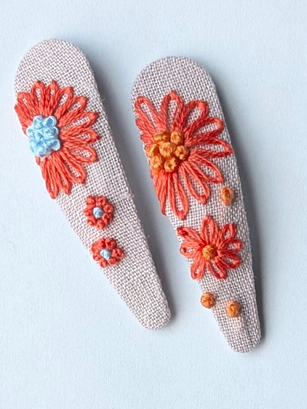 New Orange Daisies hand embroidered linen cotton hair clips handmade accessories